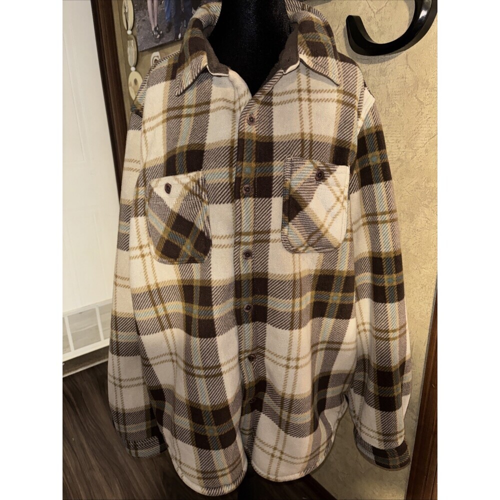XXL Weatherproof Flannel Fleece Lined Jacket Brown Tan Plaid Button Up Pockets